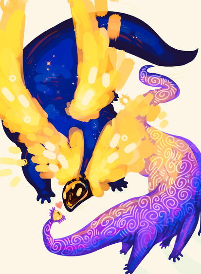 A space dragon and a one eyed spiral creature